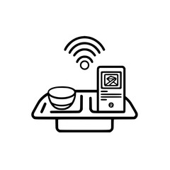 Poster - Minimalist vector line icons depicting a smart food tray with a wireless connection symbol and a bowl
