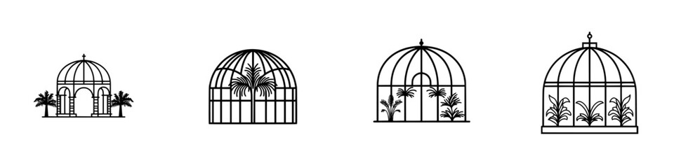 Poster - Collection of minimalist line icons depicting various greenhouse designs and structures for gardening enthusiasts