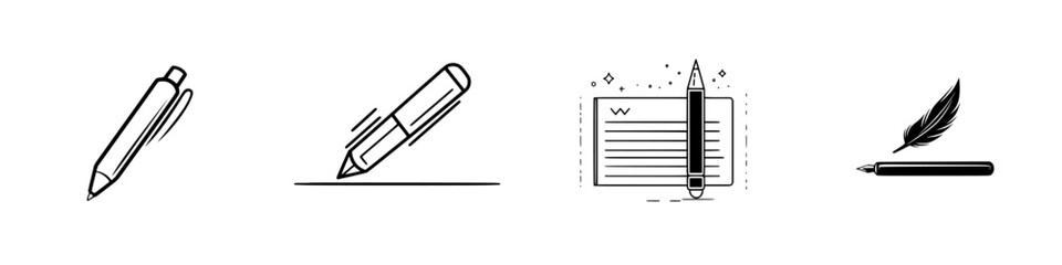 Poster - Collection of minimalist line icons featuring writing instruments and stationery elements for design projects
