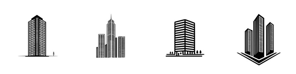 Poster - Vector minimalist line icons set showcasing various building designs and architectural styles for modern urban themes