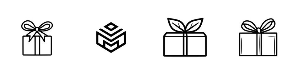 Poster - Vector minimalist line icons depicting gift boxes with ribbons and leaves designed for digital use