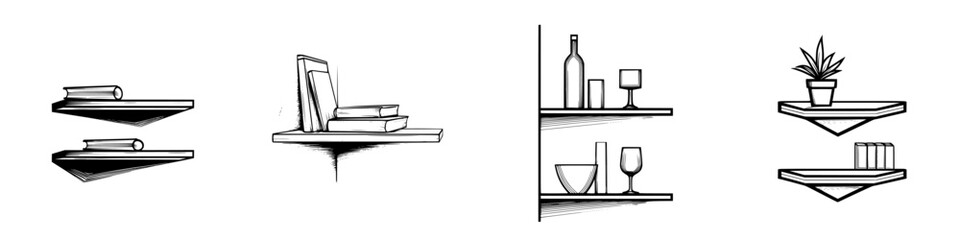 Poster - Modern minimalist line icons representing various shelf arrangements and items for design and decor inspiration