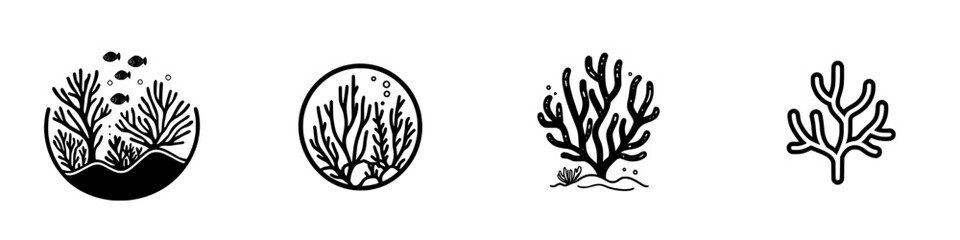 Poster - Vector minimalist line icons depicting various coral reef elements and aquatic life for creative projects