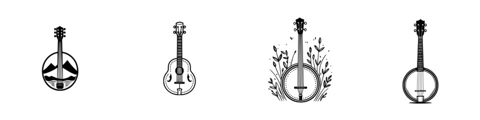 Poster - Unique vector minimalist line icons depicting various string instruments and nature elements in a clean design