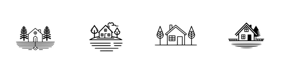 Poster - Set of minimalist line icons depicting various house designs and landscapes with trees and water elements