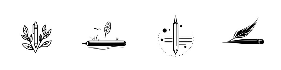 Poster - Collection of minimalist line icons representing writing tools and nature themes, suitable for various design projects