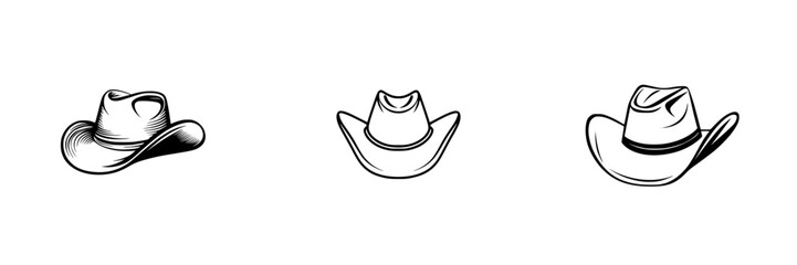 Poster - Collection of vector minimalist line icons representing various cowboy hats in different orientations and styles