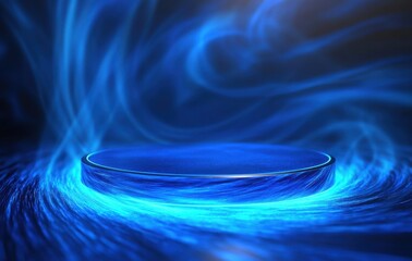 Poster - Elegant Blue Podium Platform with Swirling Smoke Effect for Product Display and Presentation on an Abstract Dark Background