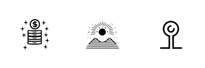 Poster - Vector minimalist line icons representing finance, nature, and navigation for modern design needs