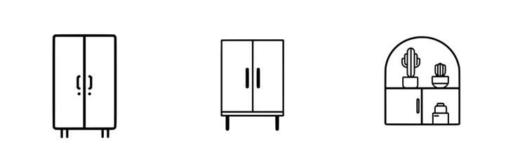 Poster - Vector minimalist line icons showcasing various types of cabinets and shelving units for interior design and decor