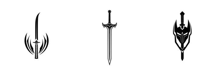 Poster - Collection of minimalist line icons depicting various sword designs for graphic and digital projects