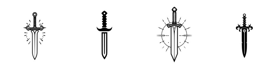 Poster - Collection of minimalist line icons showcasing various sword designs for modern graphic applications and creative projects