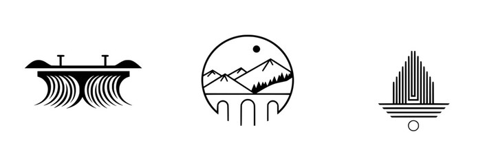 Poster - Design of minimalist line icons featuring natural landscapes and architectural elements for modern graphic projects