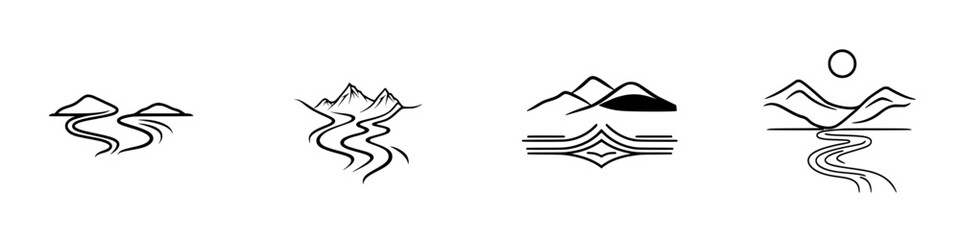 Poster - Collection of minimalist line icons depicting landscapes and water elements in a contemporary design style