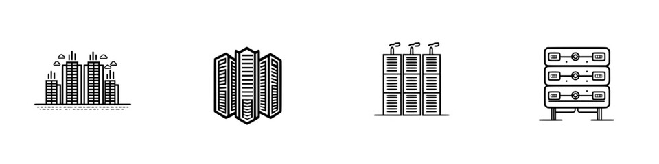 Poster - Set of minimalistic vector line icons representing urban architecture and data storage elements