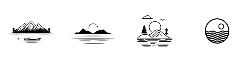 Poster - Vector minimalist line icons depicting nature scenes with mountains, lakes, and sun elements