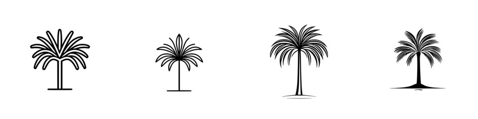 Poster - Minimalist vector line icons set featuring various palm tree designs suitable for nature, travel, or leisure themes