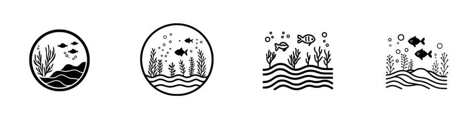 Poster - Collection of minimalist line icons depicting underwater scenes with fish and aquatic plants