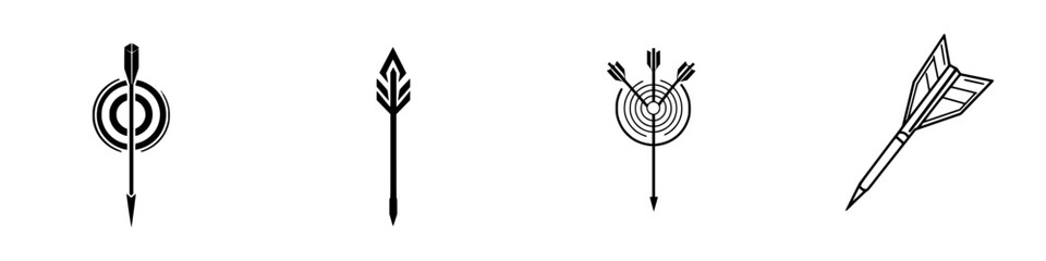 Poster - Vector minimalist line icons representing archery elements including arrows, targets, and darts for creative projects