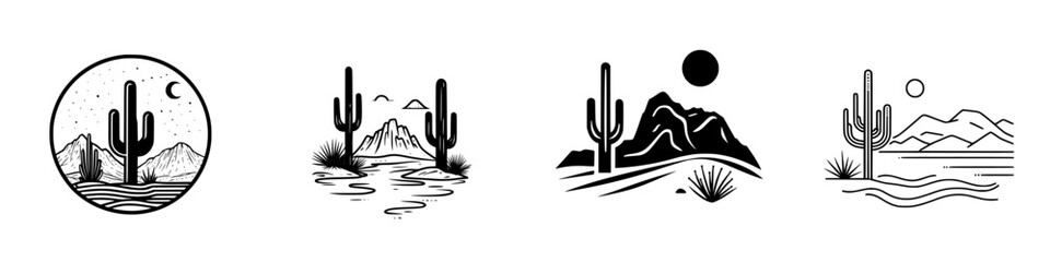 Poster - Minimalist vector line icons set showcasing desert landscapes with cacti and mountains in various styles