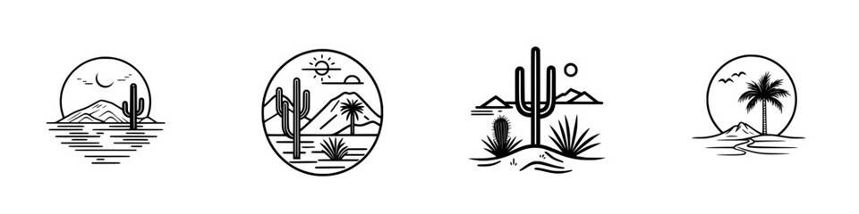 Poster - Collection of minimalist line icons depicting nature scenes with mountains, cacti, and palm trees