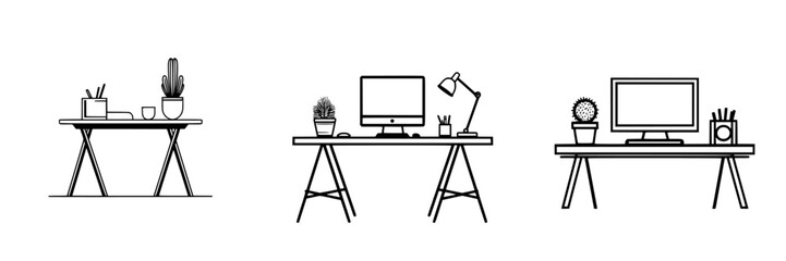 Poster - Minimalist line icons depicting various desk setups with plants and office equipment