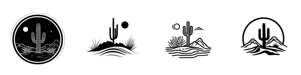 Poster - Set of minimalist line icons featuring cacti in various designs and landscapes for modern digital or print applications