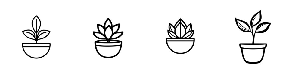 Poster - Collection of minimalist line icons depicting various potted plants for design and illustration purposes