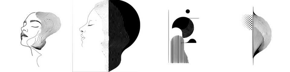 Poster - Collection of minimalist line icons featuring elegant female profiles and abstract designs