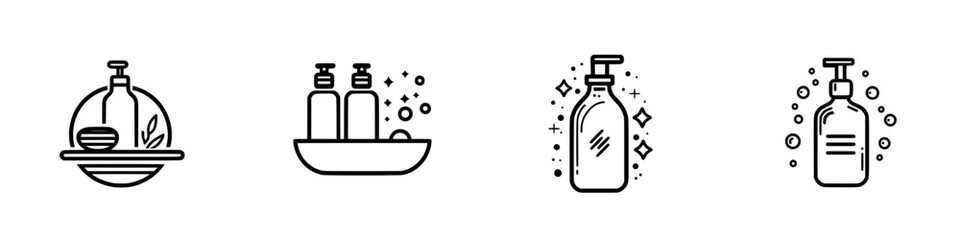 Poster - Collection of minimalist line icons depicting various cosmetic and skincare products with elegant designs for modern branding