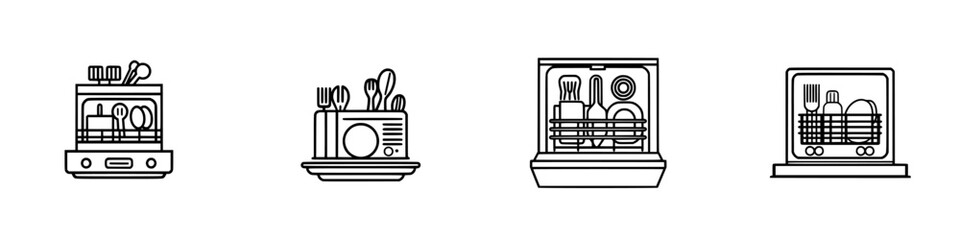 Poster - Collection of minimalist vector line icons representing kitchen appliances used for dishwashing and organizing utensils