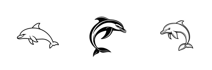 Poster - Collection of minimalist vector line icons depicting various dolphin designs suited for digital projects