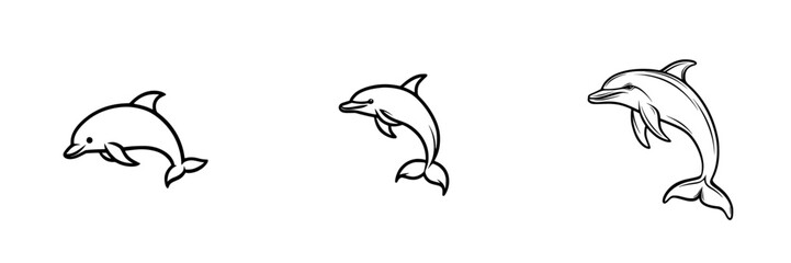 Poster - Vector minimalist line icons depicting playful dolphins in various poses designed for graphic and web applications