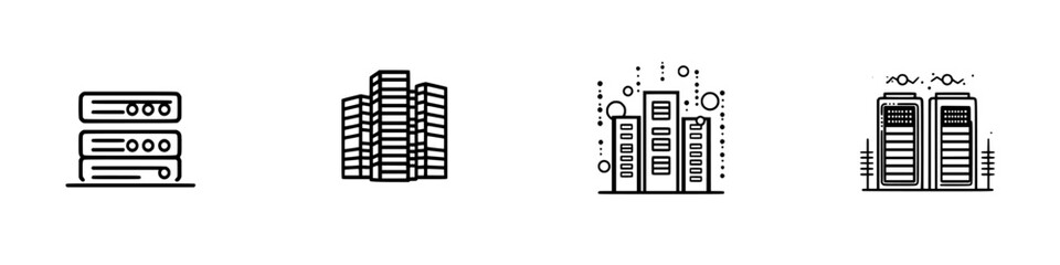 Poster - Collection of minimalist vector line icons depicting various building and server designs for digital projects