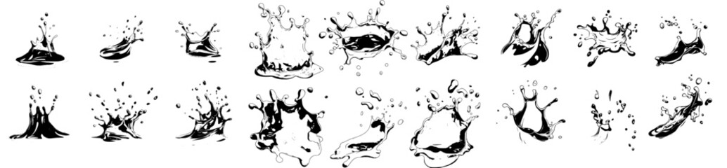 Poster - Current falls, including cartoon water splashes, drops, drips, rain droplets, liquid tears, spills, moisture, and falling raindrops on surfaces, along with nature's sea spray, in a set of neat modern