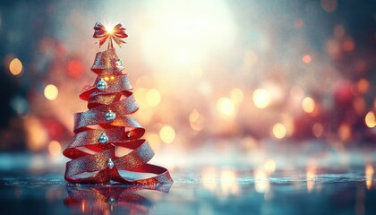 Aufkleber - Festive Christmas Tree with Gold Ribbon Bow on Reflective Surface with Bokeh Lights Holiday Celebration and Decoration in Teal and Gold Tones