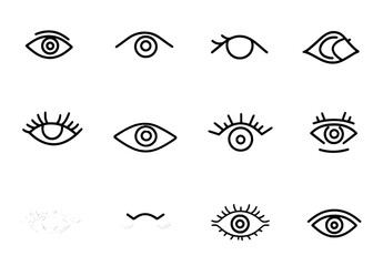 Poster - The collection of eye logos includes a set of graphic symbols representing healthy vision and creative eyeball designs, set on white