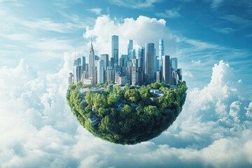 Wall Mural - futuristic city on a floating sphere with lush greenery under a cloudy sky showing urban innovation 
