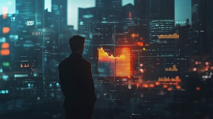 Poster - Businessman Observing Futuristic Holographic Graphs in Cityscape