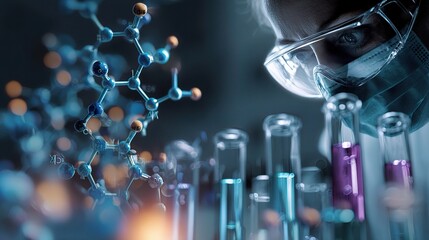 Poster - double exposure of scientist examining test tubes and molecule structure