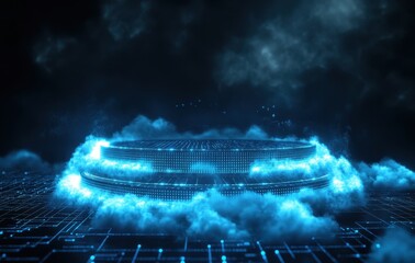 Leinwandbilder - Glowing Blue Cloud Technology Abstract Background with Digital Network Grid and Artificial Intelligence in Cyber Space Futuristic Design