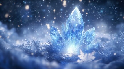 Fototapete - Glowing Blue Ice Crystal Formation Amidst Frosty Winter Landscape with Bokeh Lighting Detailed Close Up and Elegant Decorative Design