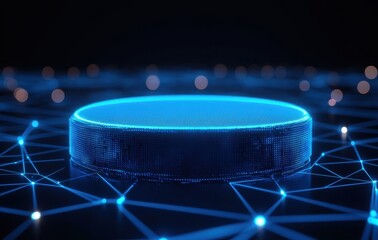 Leinwandbilder - Glowing Blue Digital Platform with Network Connections and Geometric Designs in a Dark Futuristic Setting an Abstract Technology Background