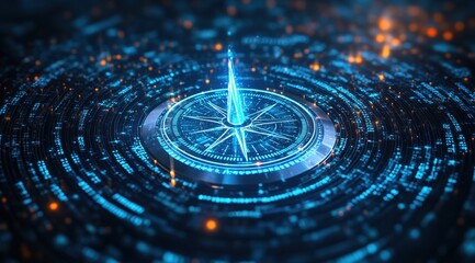 Aufkleber - Glowing Digital Compass Display on Blue Circular Network with Orange Particle Effects Futuristic Navigation Technology and Artificial Intelligence Concept