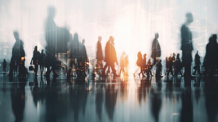 Poster - Abstract Silhouettes of Business Crowd in Motion and Light Effects