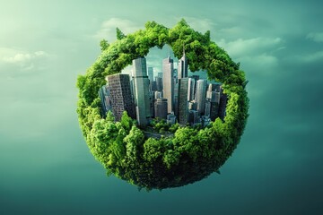Wall Mural - green city surrounded by foliage against sky a concept of sustainable urban development and environm