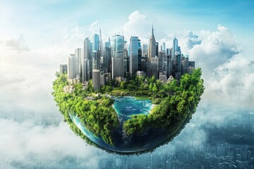 Wall Mural - green earth globe featuring a modern cityscape with lush vegetation and a serene lake surrounded by 