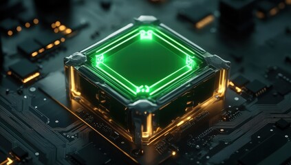 Leinwandbilder - Green Lit Square Microchip on Black Circuit Board High Technology Component with Detailed Connectivity and Electrical Network in Futuristic Style