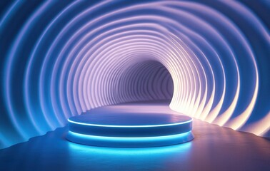 Aufkleber - Illuminated Blue and Purple Podium in Futuristic Tunnel Interior with Circular Glowing Shapes for Product Display and Showcase in Modern Abstract Design