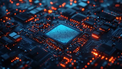 Leinwandbilder - Illuminated Circuit Board with Orange and Blue Lights Detailed Electronic Components and Complex Network Technology Concept High Tech Motherboard Design and Electrical Engineering in Abstract Style